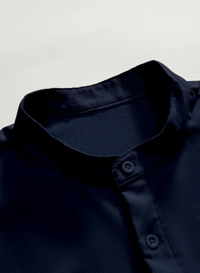 Take Two Navy Blue Mandarin Collar Short Sleeve Shirt